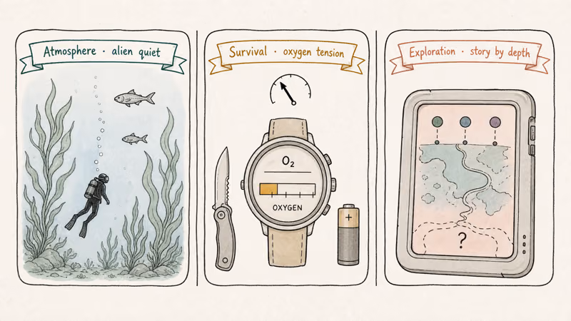 Three Subnautica pillars: atmosphere kelp diver, oxygen survival gauge, and depth exploration map card.