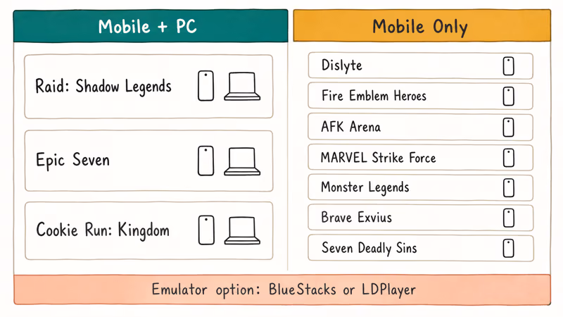 Hand-drawn two-column matrix showing which Summoners War alternatives ship on PC versus mobile only