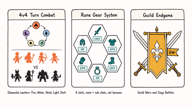 Three hand-drawn cards showing 4v4 turn combat, rune gear grid, and guild endgame pillars
