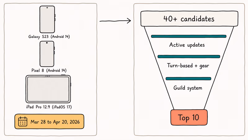 Hand-drawn diagram showing three test devices and a funnel narrowing forty candidates to ten picks