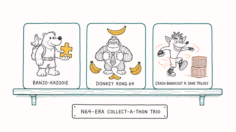 Bear-bird, gorilla, and marsupial cards depict Banjo-Kazooie, Donkey Kong 64, and Crash trio.