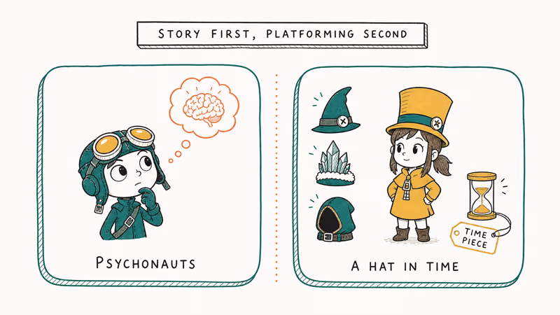 Goggled psychic kid and top-hat girl illustrate Psychonauts and A Hat in Time picks.