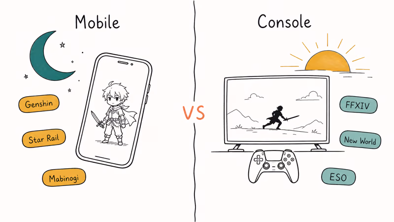 Split frame comparing mobile picks against console MMO alternatives