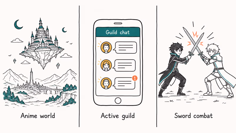 Triptych panels showing anime world skyline, active guild chat, and a sword duel scene