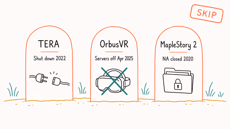 Tombstone cards marking TERA OrbusVR and MapleStory 2 shutdown years