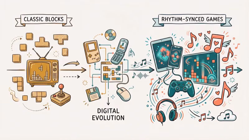 Timeline showing evolution from classic retro blocks to modern rhythm puzzle games