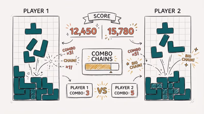 Two players competing side by side with falling colorful puzzle blocks