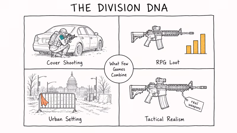 Hand-drawn four-quadrant diagram showing the signature elements of The Division gameplay formula