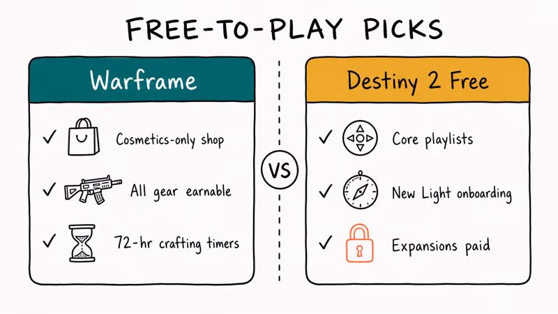 Side-by-side comparison of Warframe and Destiny 2 free-to-play tier offerings and content access