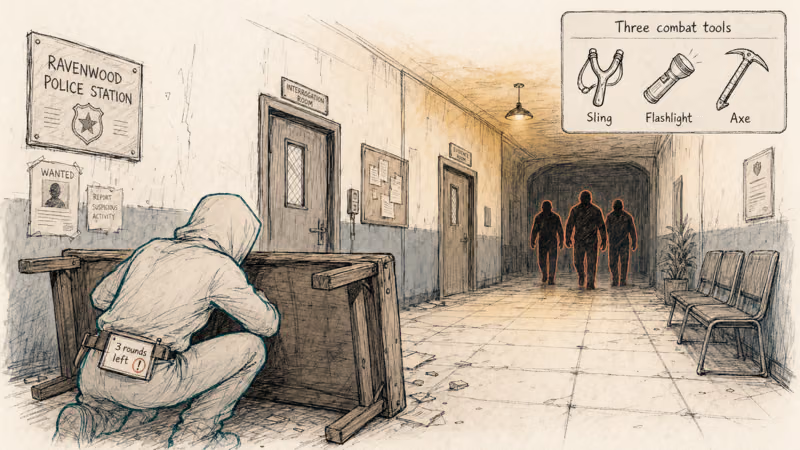 Hand-drawn scene of survivor with three rounds left facing approaching threats in dim hallway