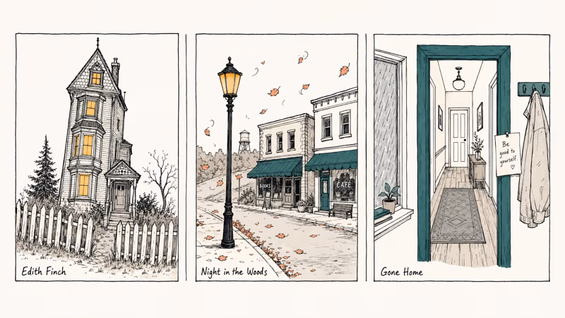 Three quiet vignettes showing a leaning house, autumn street, and interior doorway with note