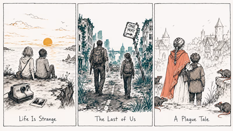 Three panels showing protector pairs from Life Is Strange, Last of Us, and Plague Tale