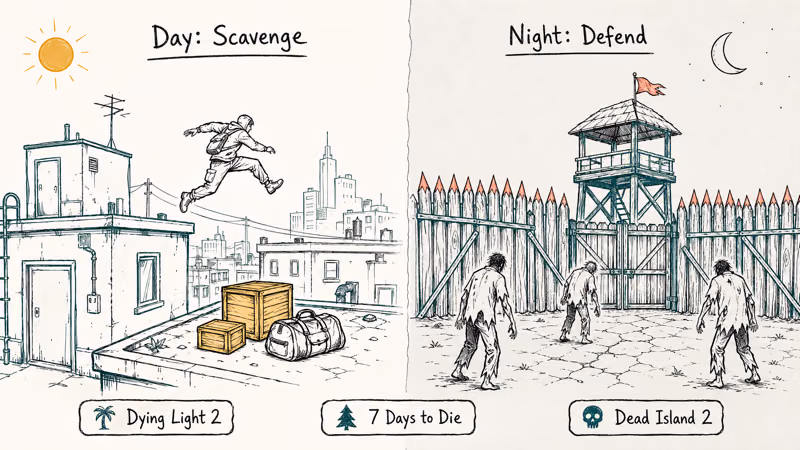 Day and night split scene showing parkour scavenging and fortified base defense against zombies
