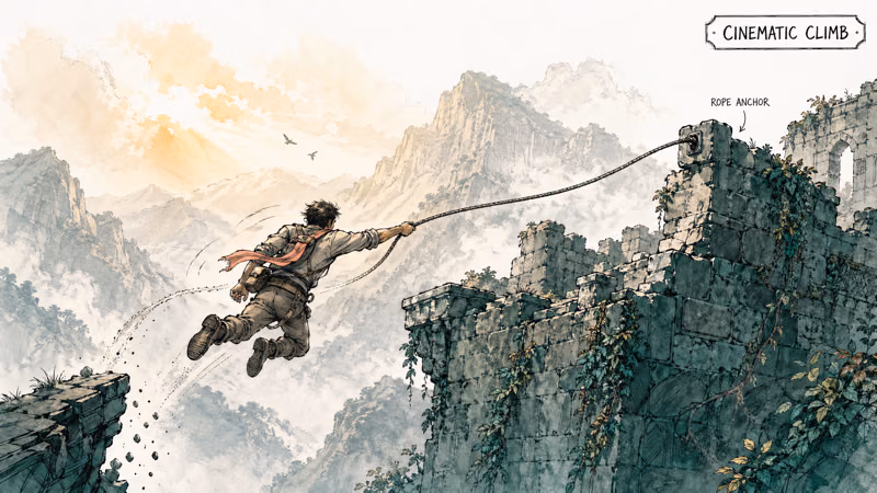 Hand drawn climber mid leap with rope grapple over crumbling cliff ledge in mountain ruin