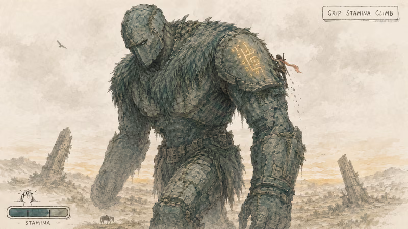 Hand drawn climber gripping fur on moss covered stone colossus with stamina bar sketch