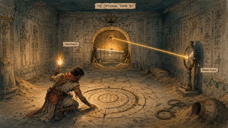 Hand drawn Egyptian tomb interior with hieroglyph walls light beam mirror puzzle and torchlit adventurer