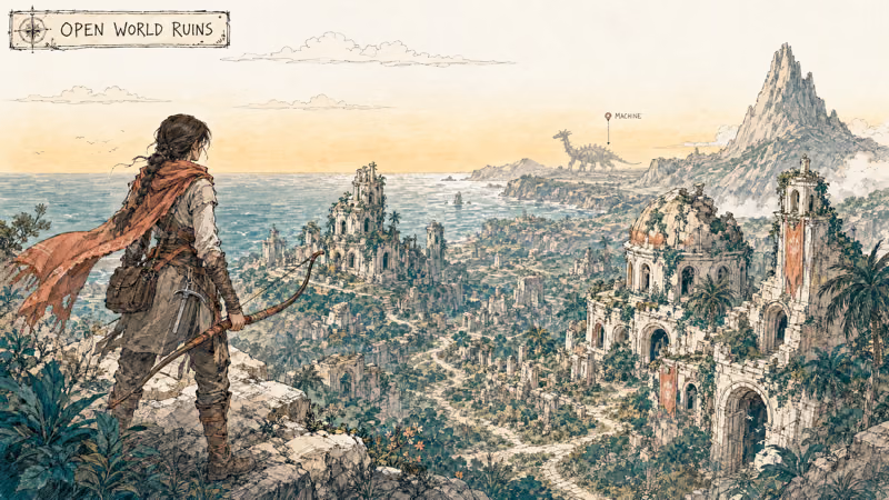 Hand drawn open world vista with female archer overlooking coastal ruins and distant robot dinosaur