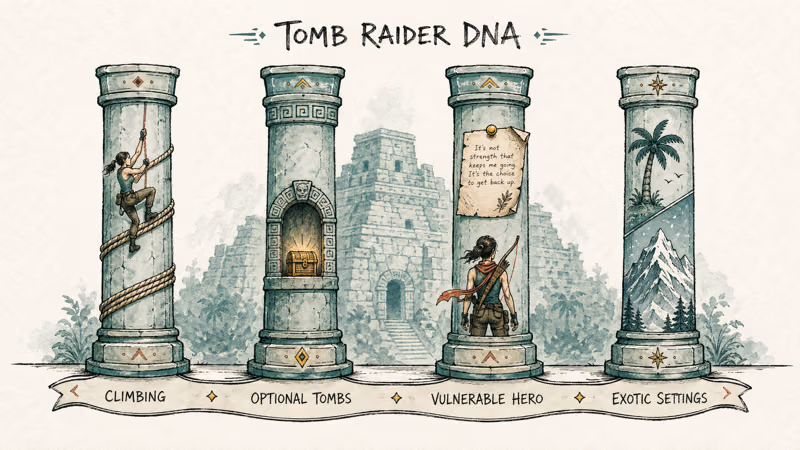 Hand drawn diagram of four Tomb Raider design pillars climbing tombs vulnerable hero exotic settings