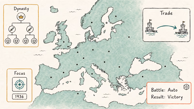 Stylized Europe map with dynasty tree, trade node, focus tile, and abstracted battle popup card.