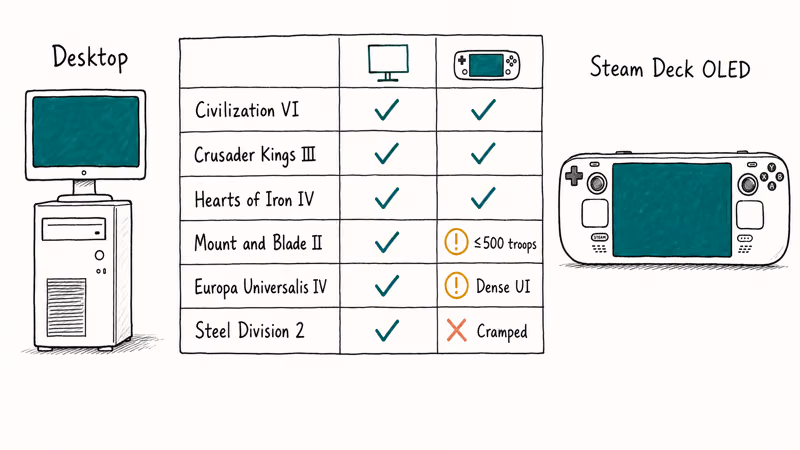 Hand-drawn checklist comparing six strategy games across desktop and Steam Deck OLED compatibility.