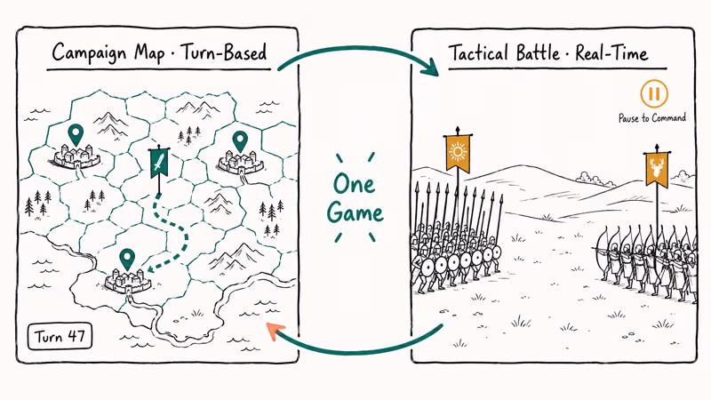 Diagram showing Total War hybrid pairing a turn-based campaign map with real-time tactical battles.