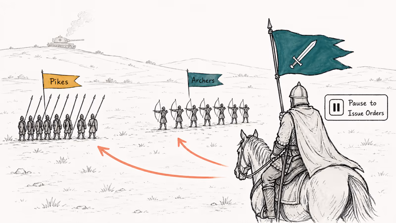 Hand-drawn battlefield scene with rider, pike and archer formations, and pause-to-command order arrows.