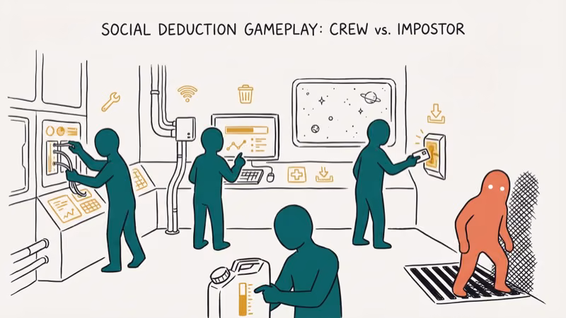 Spaceship interior with crew members doing tasks and suspicious impostor lurking