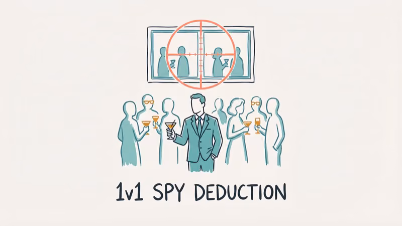 Spy blending in at cocktail party while sniper watches through scope