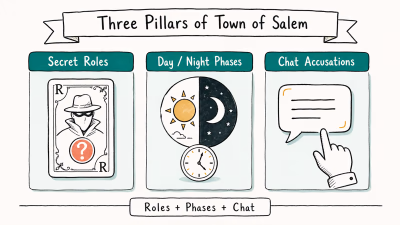 Three hand-drawn columns showing secret roles, day-night phases, and chat accusations defining Town of Salem.