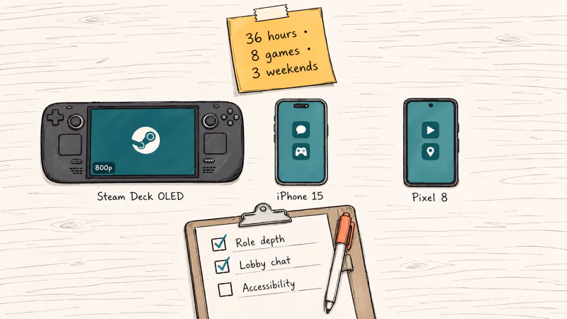 Hand-drawn Steam Deck, iPhone, and Pixel on desk with a 36 hour testing checklist.