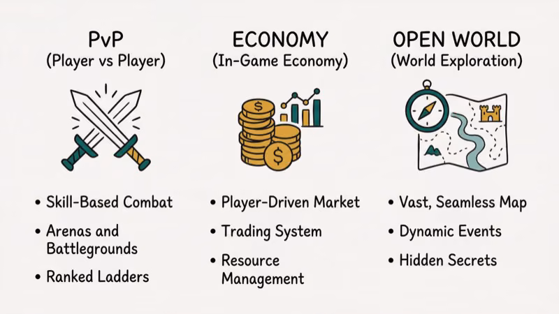 Comparison of MMORPG features including PvP swords and economy icons