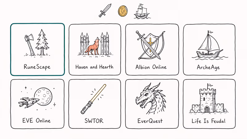 Hand-drawn grid of eight sandbox MMORPG game cards similar to Ultima Online.