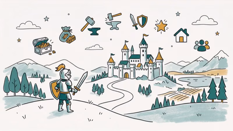 Hand-drawn sandbox MMORPG world with knight and castle towers