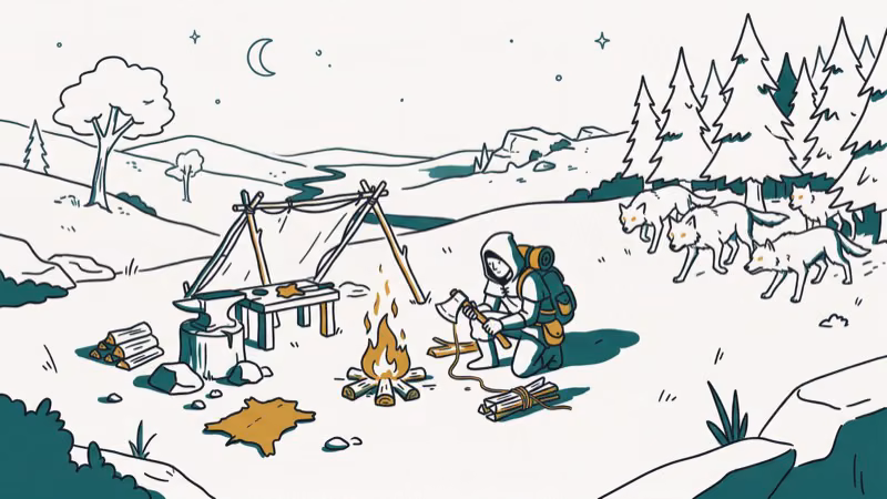 Hand-drawn survival scene with character crafting near campfire and wolves