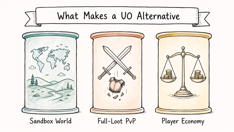 Three-pillar framework showing sandbox world, full-loot PvP, and player-run economy criteria.