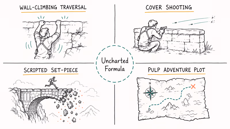 Hand-drawn framework grid showing Uncharted's four design pillars climbing combat set-pieces and pulp story.