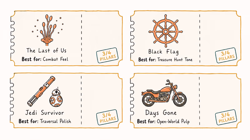 Hand-drawn ticket grid showing mid-tier picks Last of Us Black Flag Jedi Survivor Days Gone.