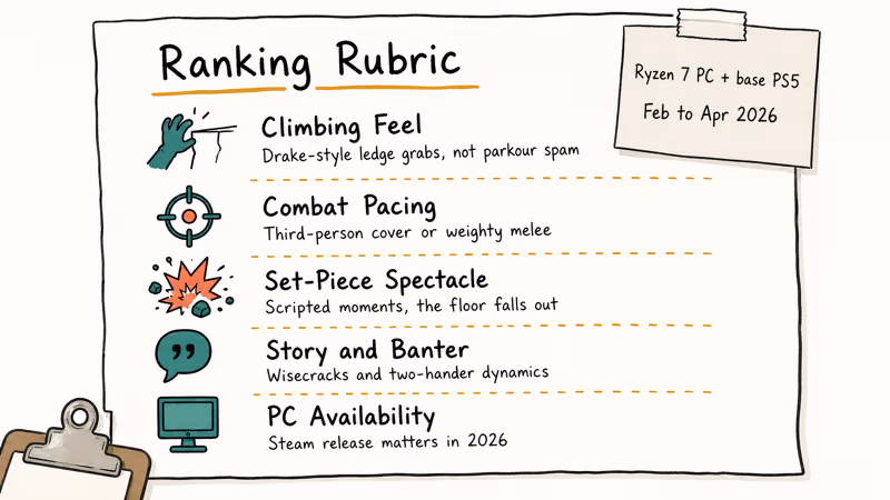 Hand-drawn checklist of five ranking factors used to test action-adventure games on PC and PS5.
