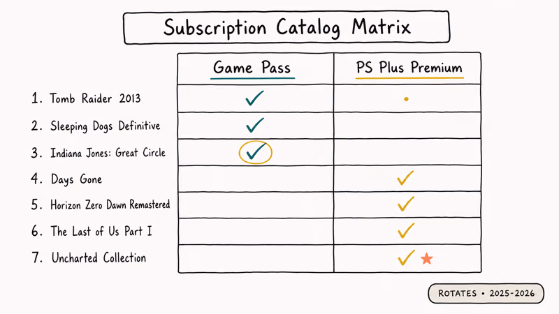 Hand-drawn matrix comparing Game Pass and PS Plus Premium availability for seven Uncharted-style action-adventure games.