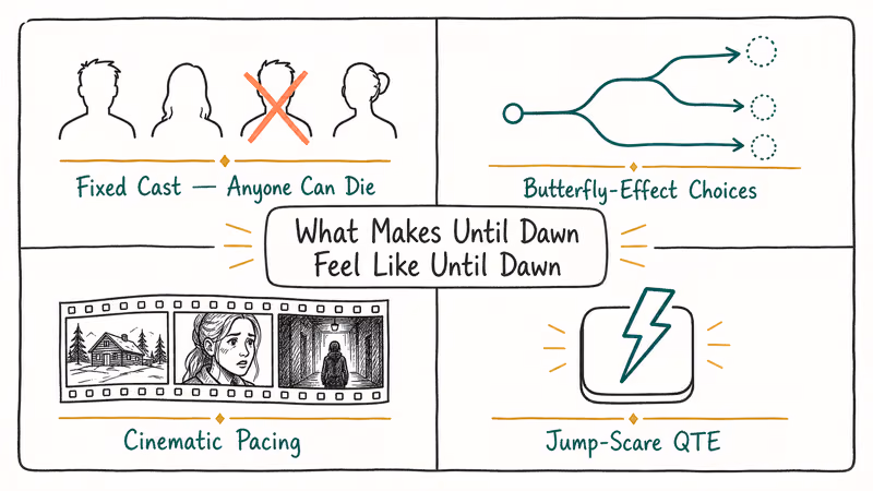 Hand-drawn framework diagram showing the four pillars that define the Until Dawn horror formula clearly.