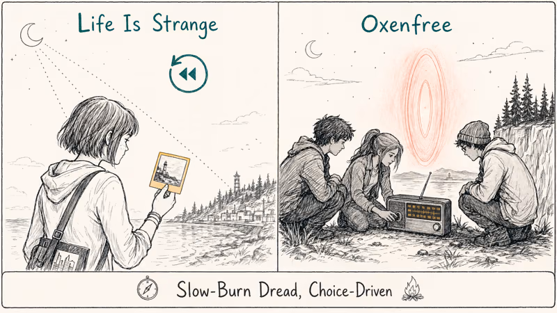 Hand-drawn diptych contrasting Life Is Strange Polaroid rewind moment with Oxenfree radio portal cliff scene.