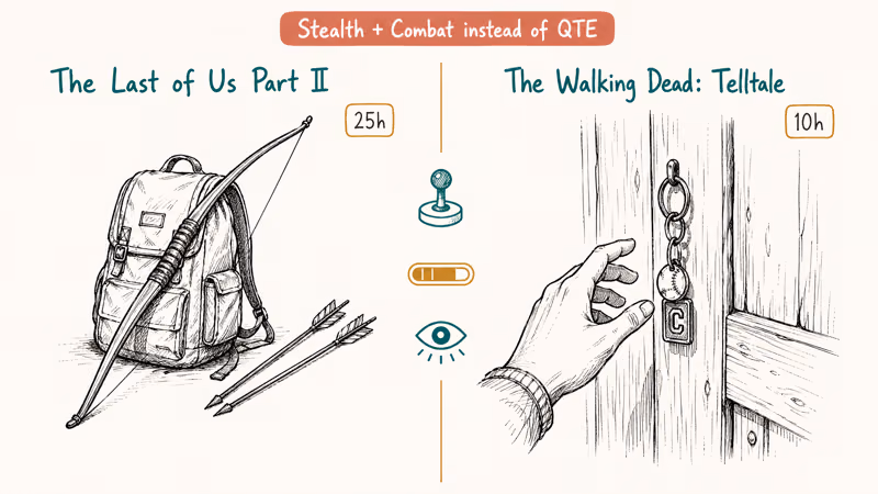 Hand-drawn split comparison of Last of Us Part Two and Telltale Walking Dead survival picks.