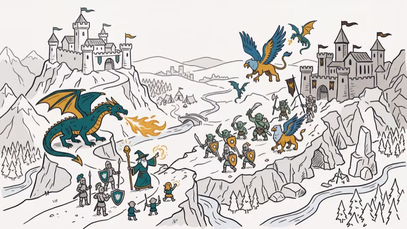 Fantasy strategy scene with dragons and wizards battling near castles