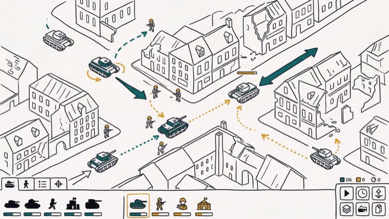 Military strategy scene with tanks soldiers and historical buildings