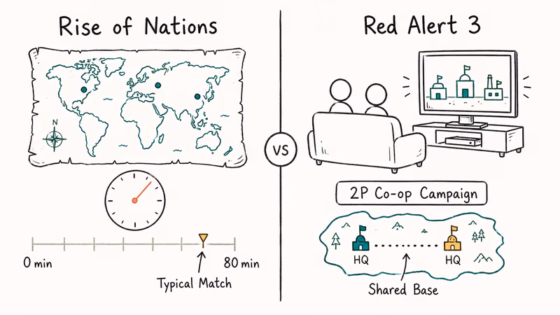 Comparison of Rise of Nations long matches versus Red Alert 3 couch coop campaign.