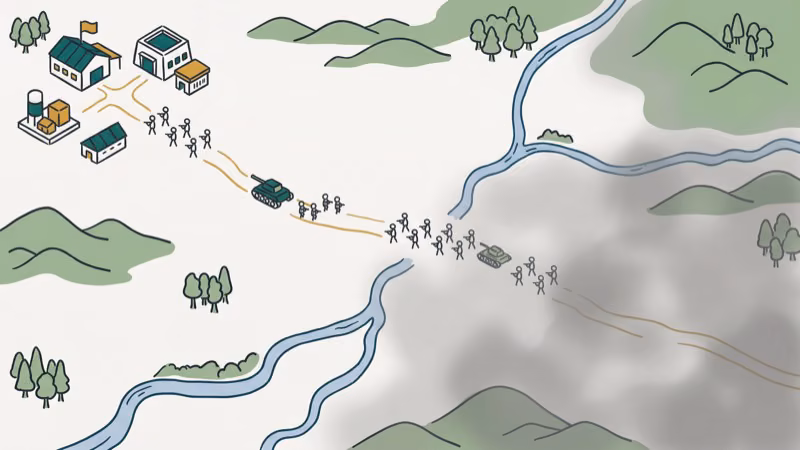 Top-down strategy battlefield with military units and base buildings