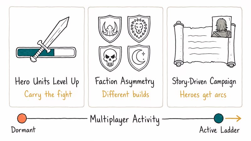 Three pillars defining a Warcraft 3 successor hero leveling faction asymmetry and story driven campaign.