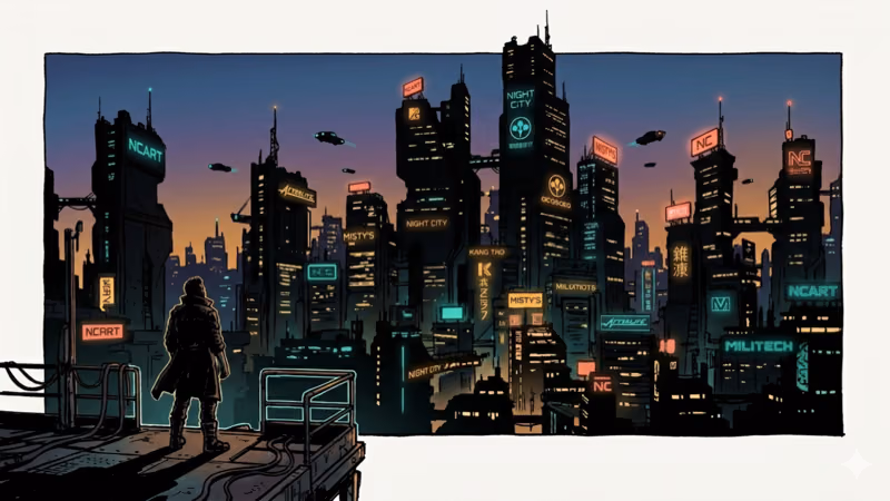 Cyberpunk Night City skyline at dusk with neon teal and amber megabuildings and V silhouette