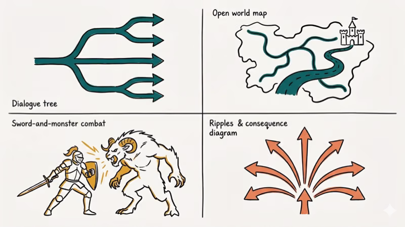 Four-quadrant infographic showing Witcher 3 DNA branching dialogue open world combat and choice consequence