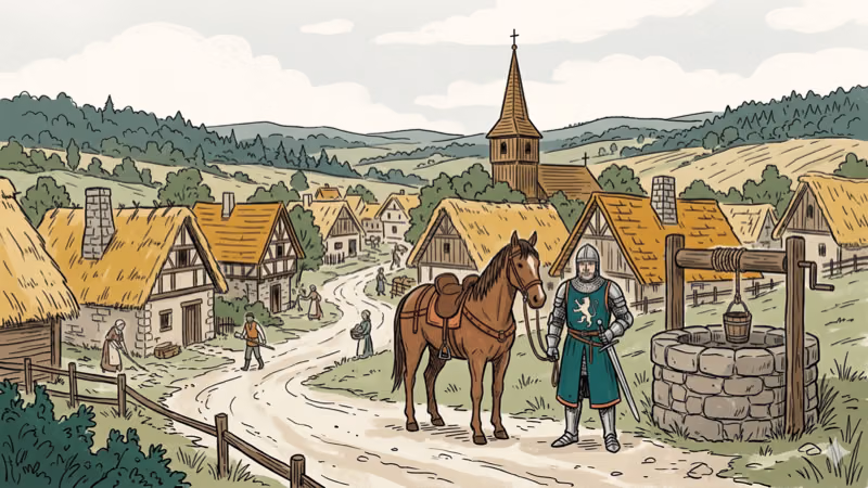 Grounded medieval Bohemian village with knight in plate armor next to a horse and thatched cottages